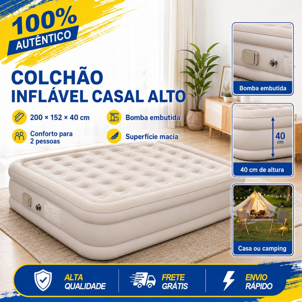 Colchão Inflável King com Bomba Automática - Suporta 450kg (Casal/Camping/Praia) - Prático e Confortável