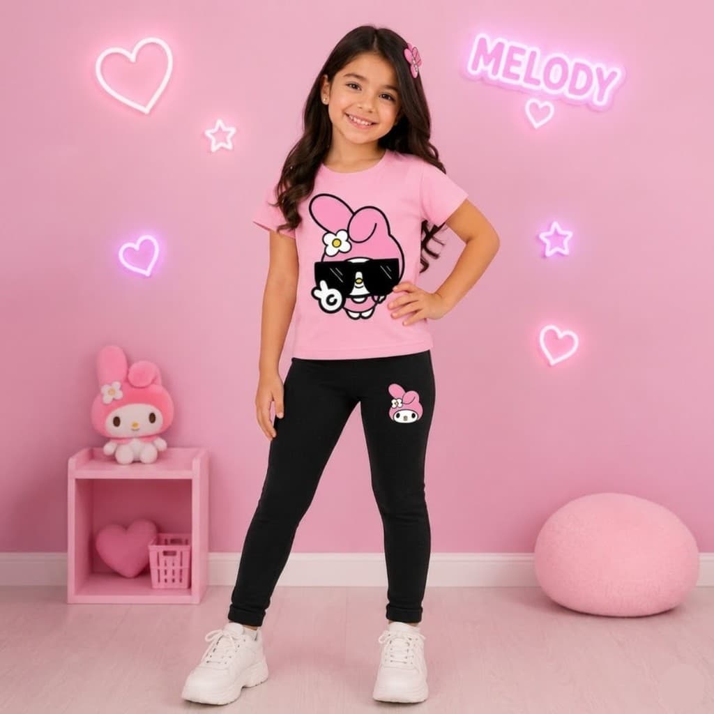 Conjunto Kuromi e MyMelody Infantil Calça Legging e Camiseta