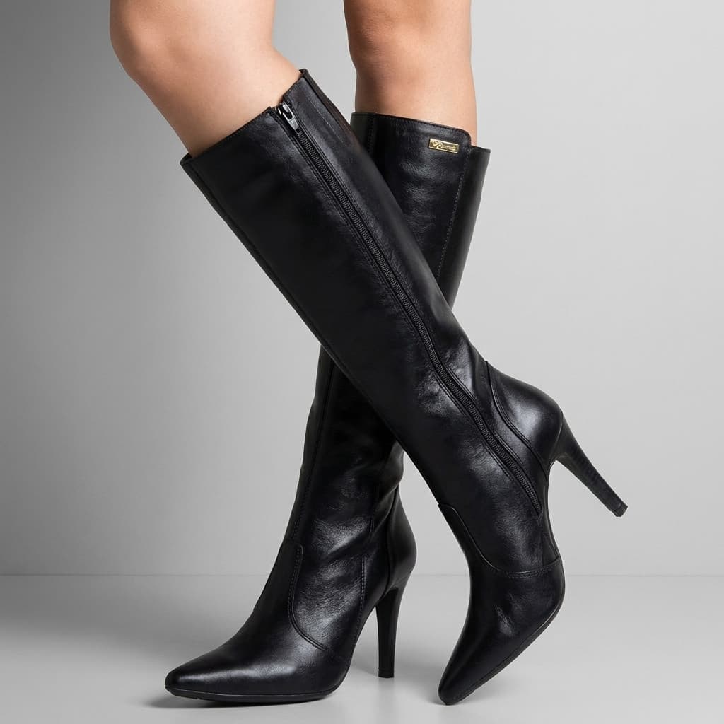 Bota Scarpin Feminina Cano Longo Bico Fino Couro Preto