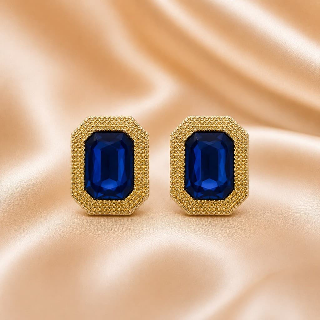 BRINCO RETÂNGULO COM STRASS AZUL