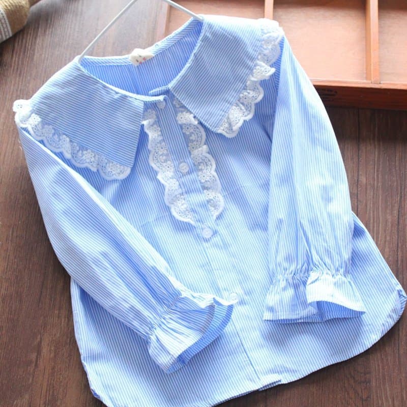 100/110 meninas camisa de manga comprida de algodão puro bebê primavera renda grande lapela manga larga camisa listrada