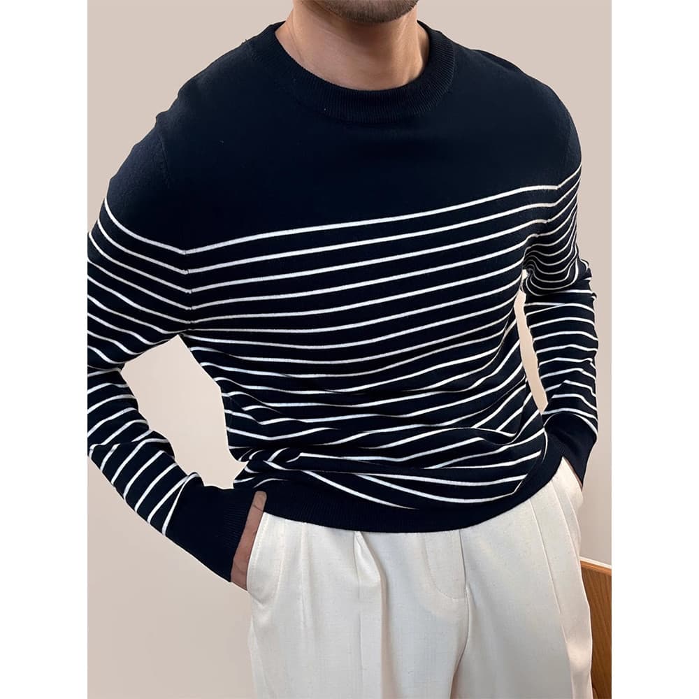 Outono inverno estilo confortável camisola de fundo masculino listrado manga comprida em torno do pescoço mar alma camis