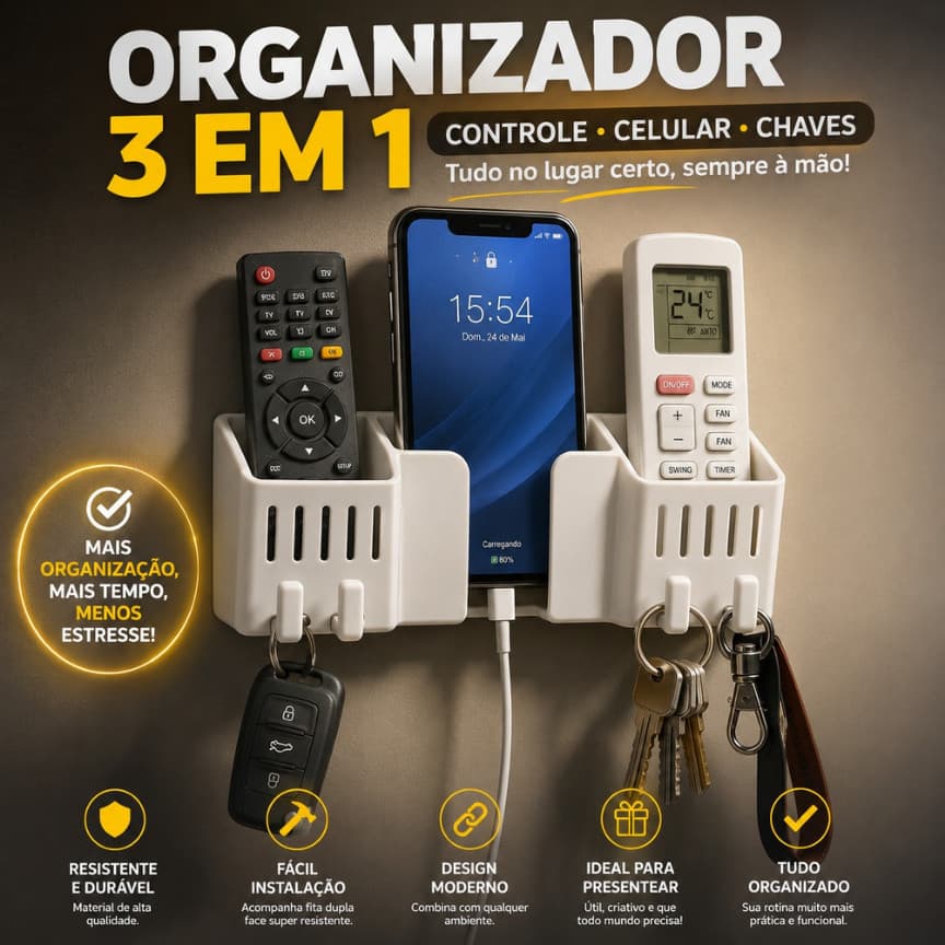 Suporte 3 em1Parede Organizador Celular Controle Chaves Adesivo Sem Furo Envio Imediato São Paulo SP
