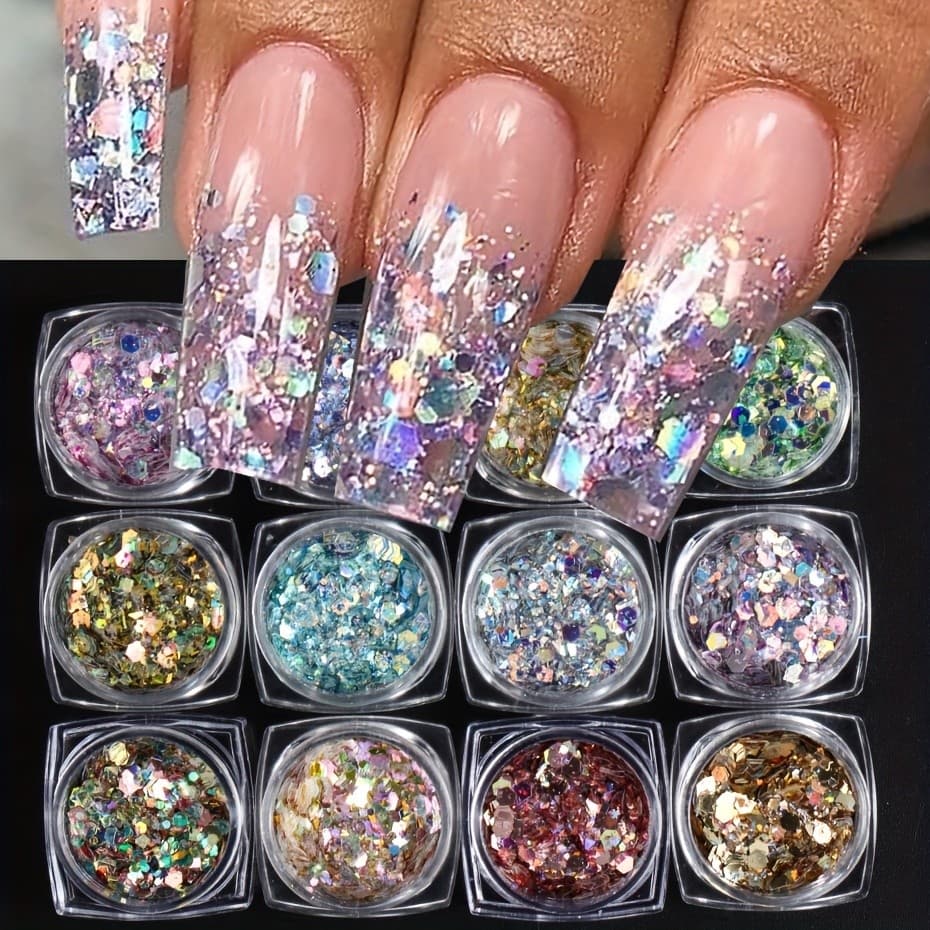 Kit 4/8/12/16 Glitter Holográfico Flocado para Unhas Nail Art Encapsulamento Decoração