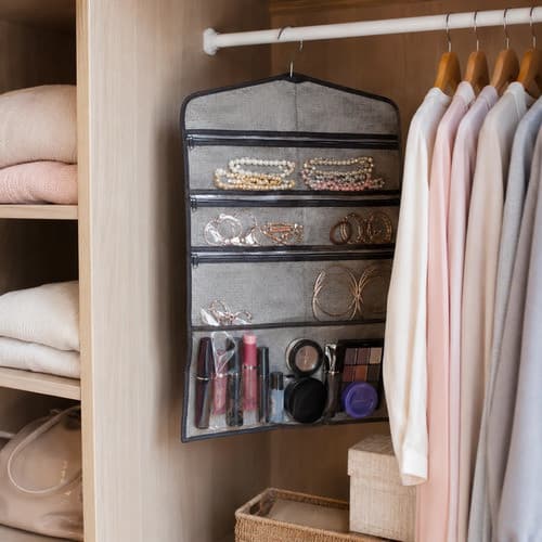 Organizador Joias P/ Pendurar C/ Cabide Metal Super Tnt E Pvc Biju Cinza