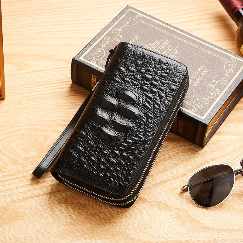 Crocodilo padrão bolsa masculina textura de couro genuíno duplo zíper carteira estilo longo elegante único saco do telef