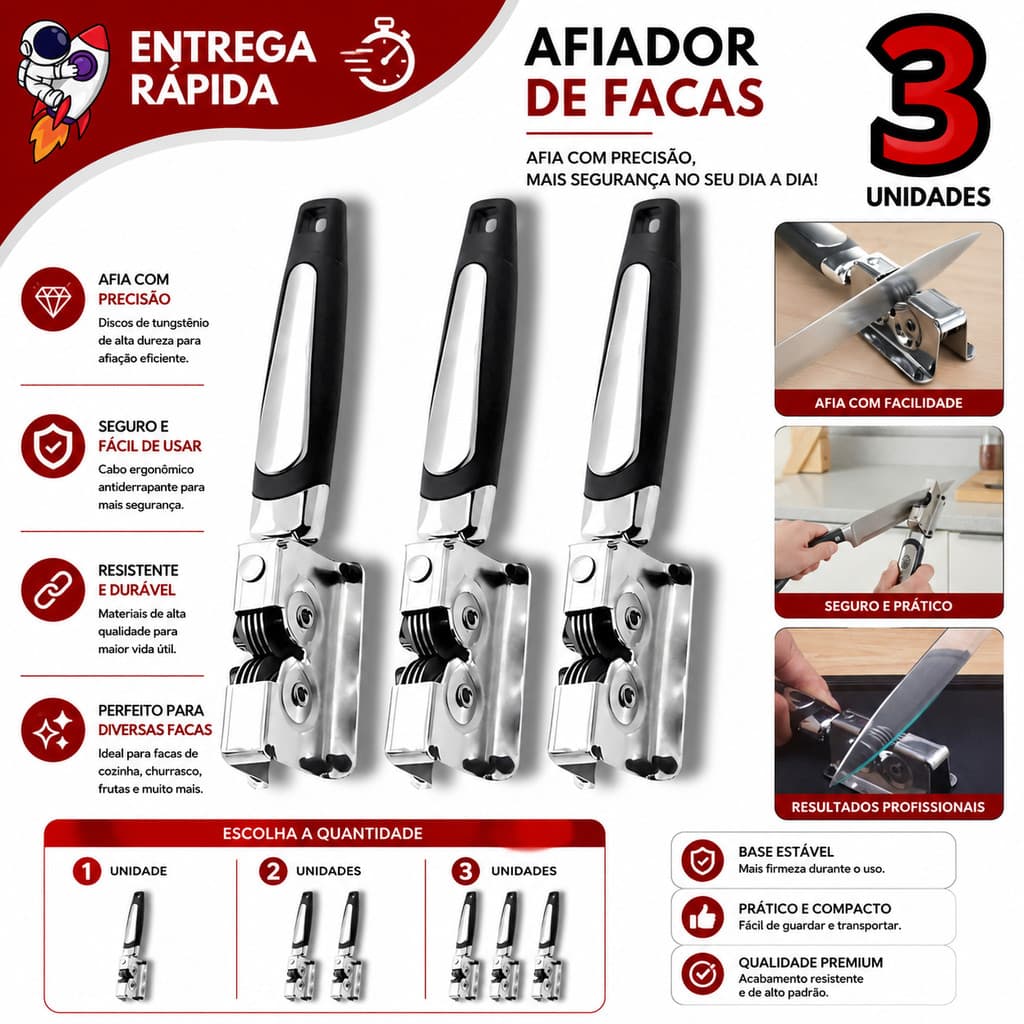 Kit 03 Amolador Afiador De Facas Tesoura e Canivete Profissional Em Aço Inox