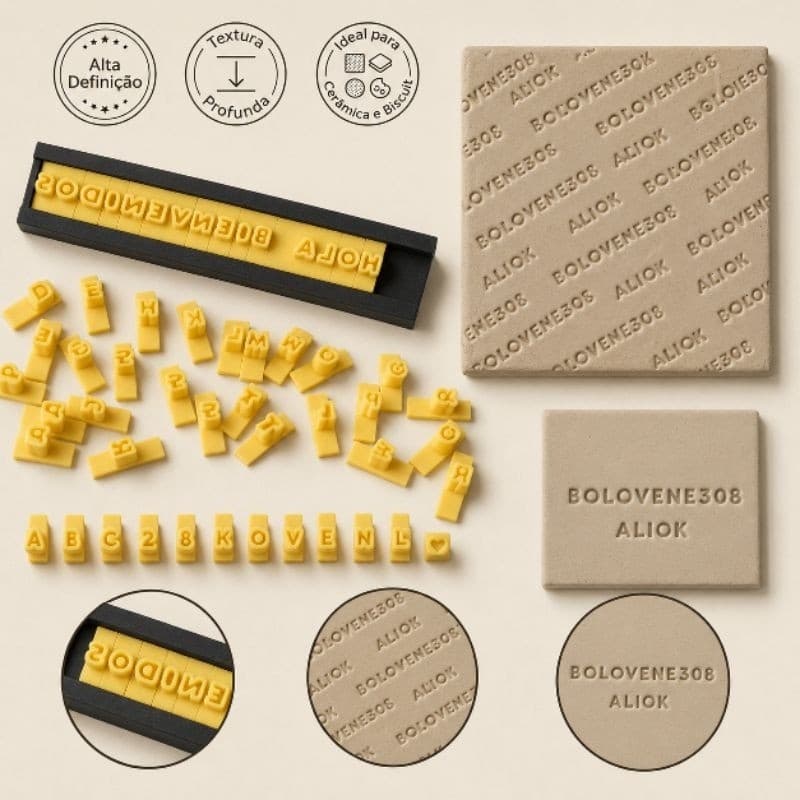 Kit Carimbo Letras Alfabeto para Argila – Personalização em Relevo – Cerâmica, Biscuit e Polymer Clay