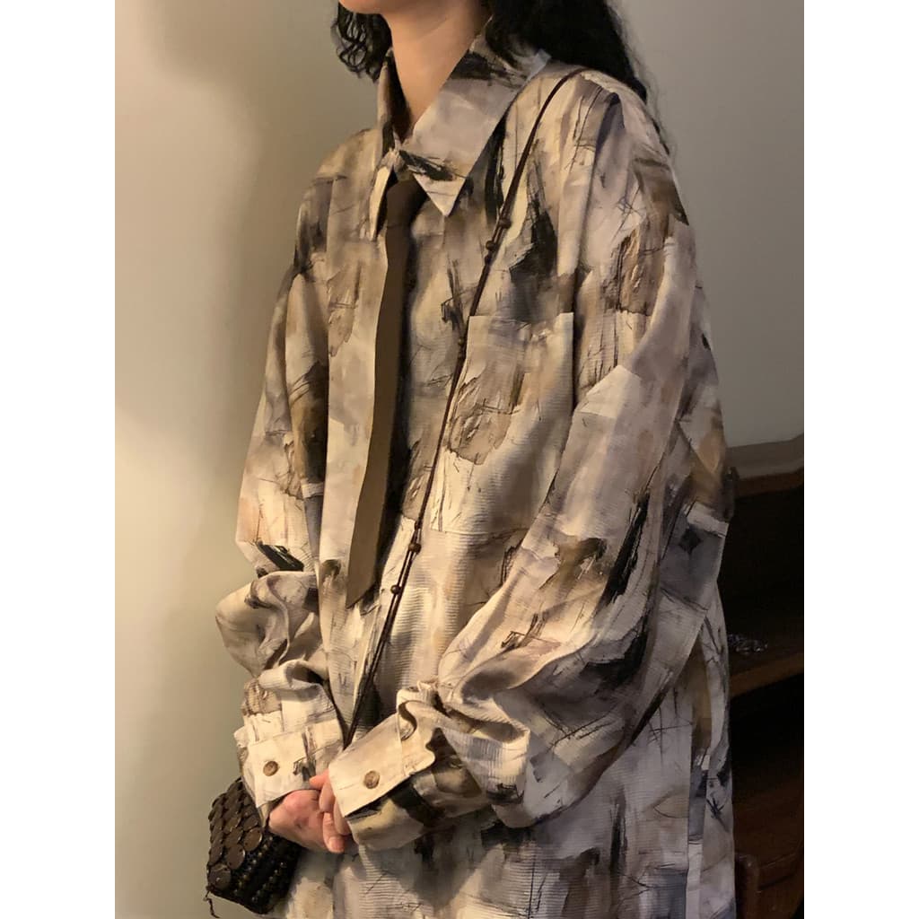 Naga caseiro 2026 primavera outono Retro estilo chinês camisa das mulheres dos homens tinta Graffiti impressão Casual ca