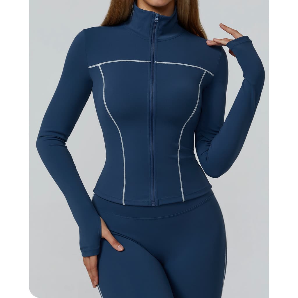 Jaqueta de ioga escovada em cor contrastante, zíper, à prova de vento, Slim fit, esportes ao ar livre, corrida, Fitness