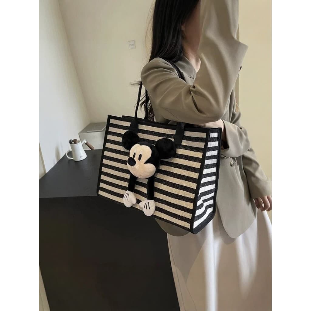 Bolsa listrada de grande capacidade para mulheres, um ombro, novo estilo, moda fofa, desenho animado, Mickey, Commuter,