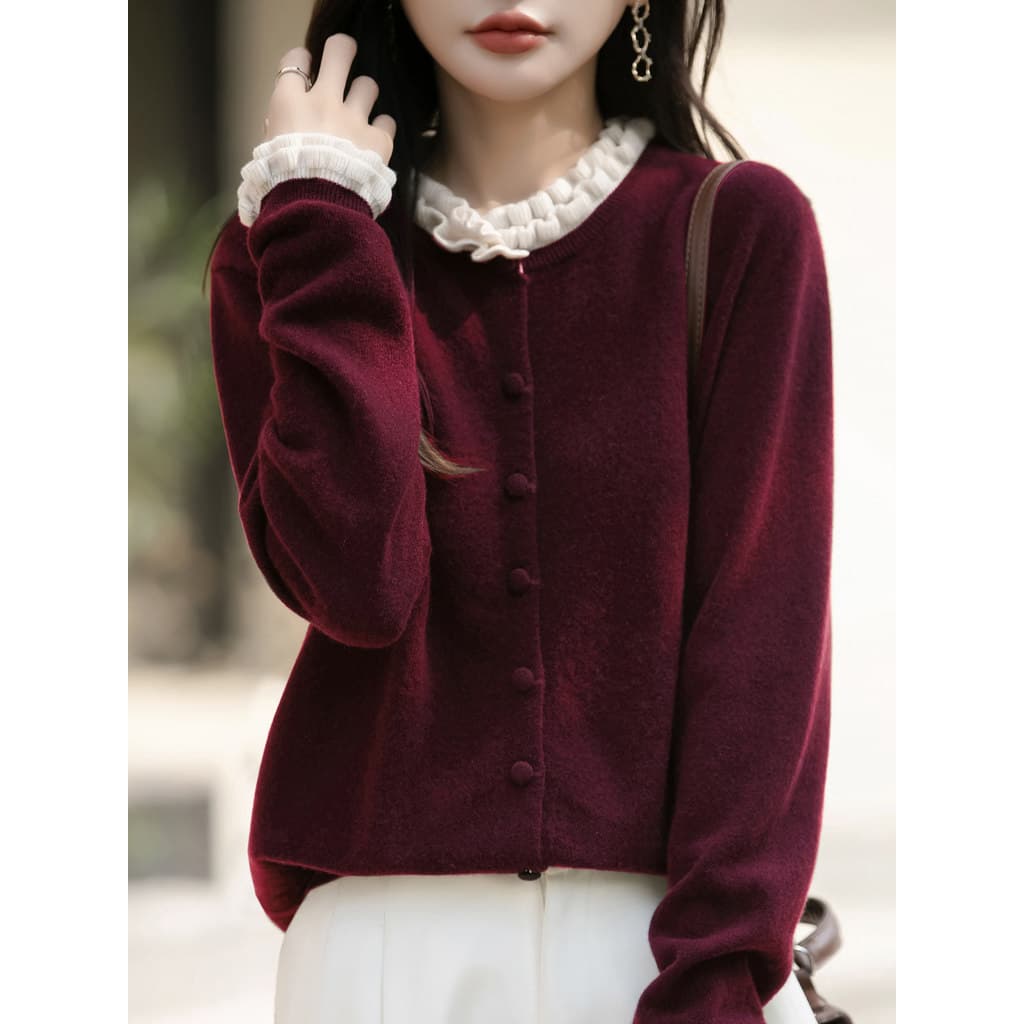 Estilo suave francês fungo borda malha Cardigan feminino vinho vermelho botões mais magro olhar All-Match Swe