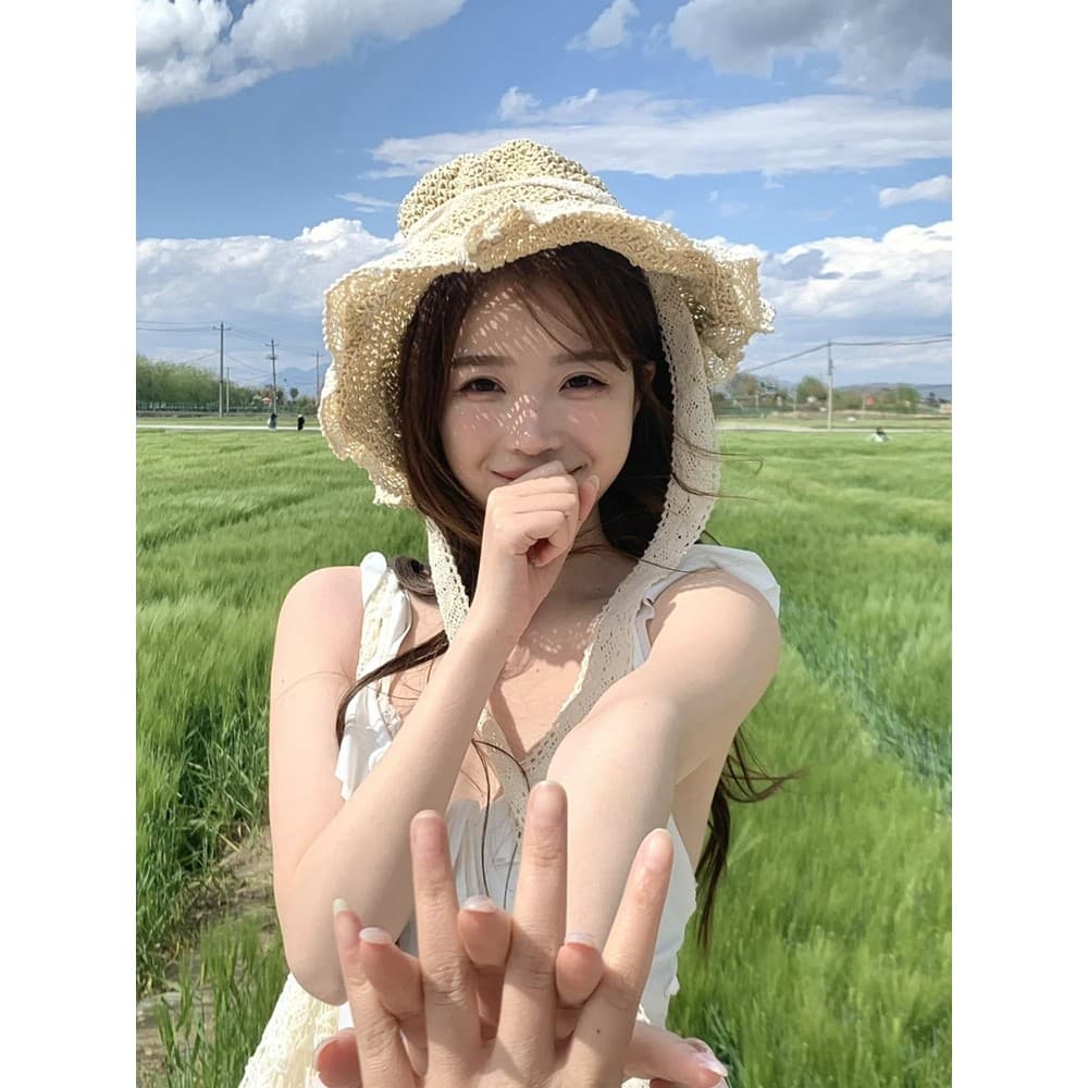 Zhang Yuanying Chapéu do mesmo estilo influenciador de verão palha trançada aba grande chapéu balde de renda guarda-sol