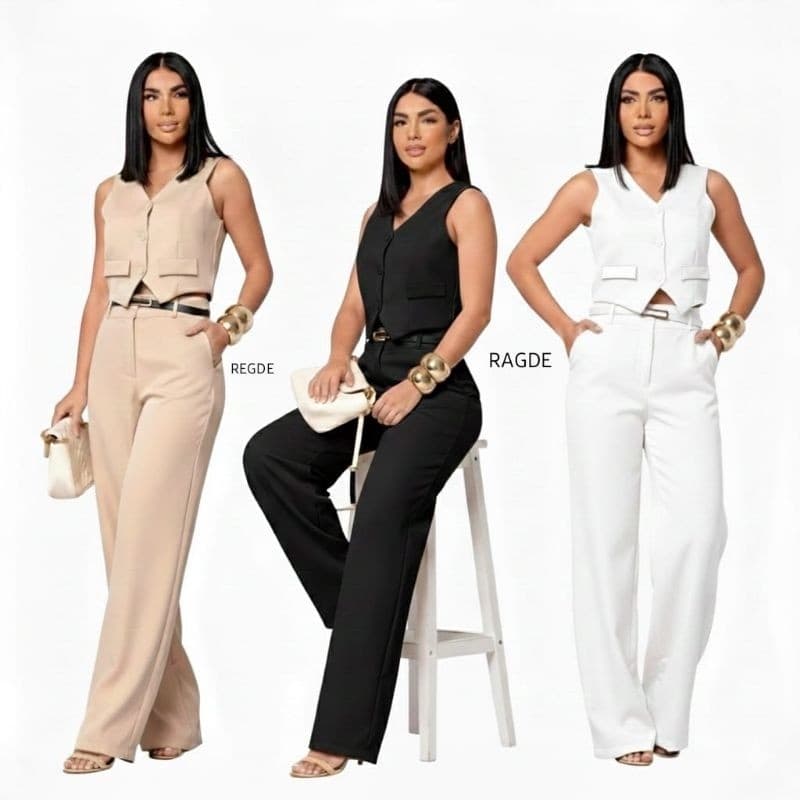 Conjunto Terno Feminino Calça Pantalona Colete Alfaiataria Cintura Alta Botão Social Trabalho Escritório Elegante