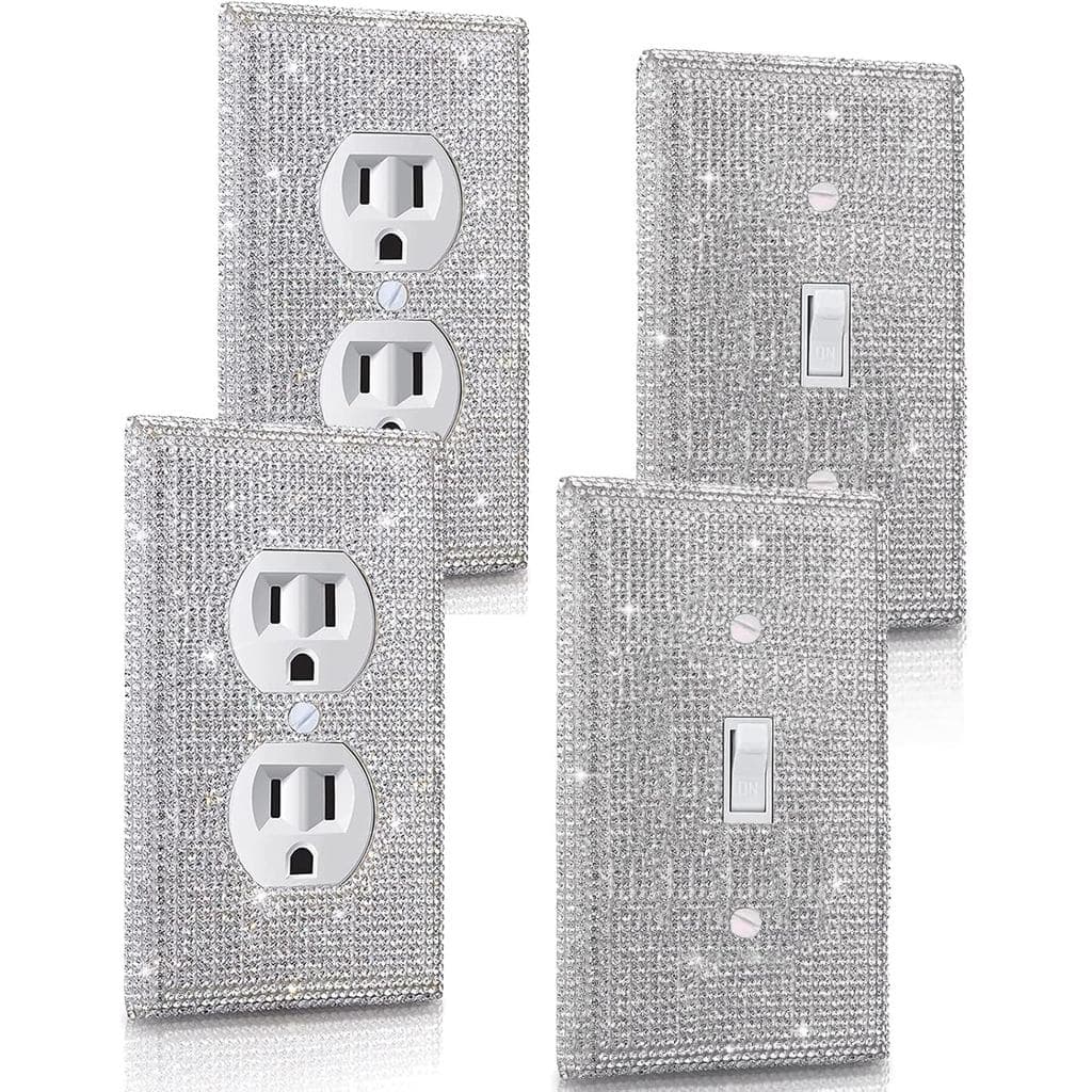 Conjunto de 4 Placas de Parede com Strass Prateados Brilhantes, Capas Decorativas de Cristal para Interruptores de Luz,