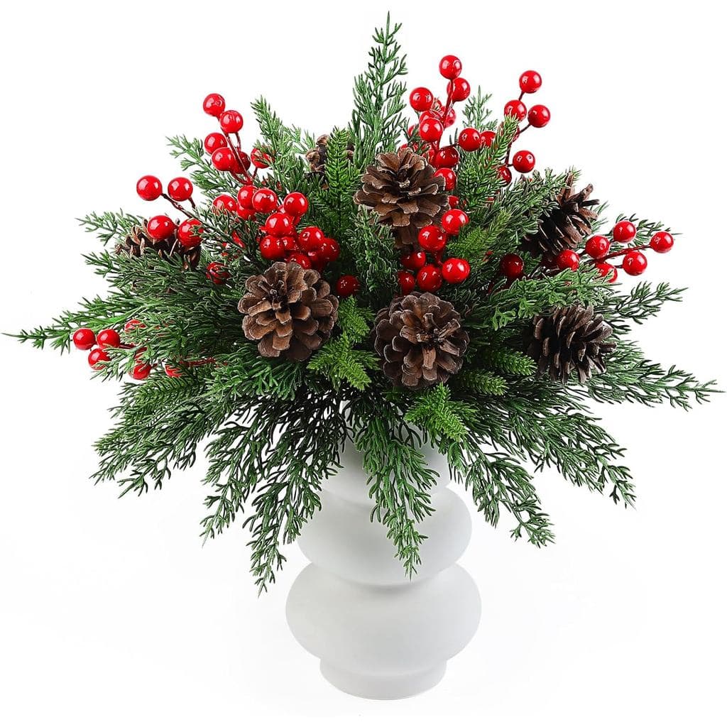 60 Pcs Artificial Pine Branch Set,Christmas Greenery Stems with Pinecones&Red Holly Berries, Fake Cedar Pine Needles Pic