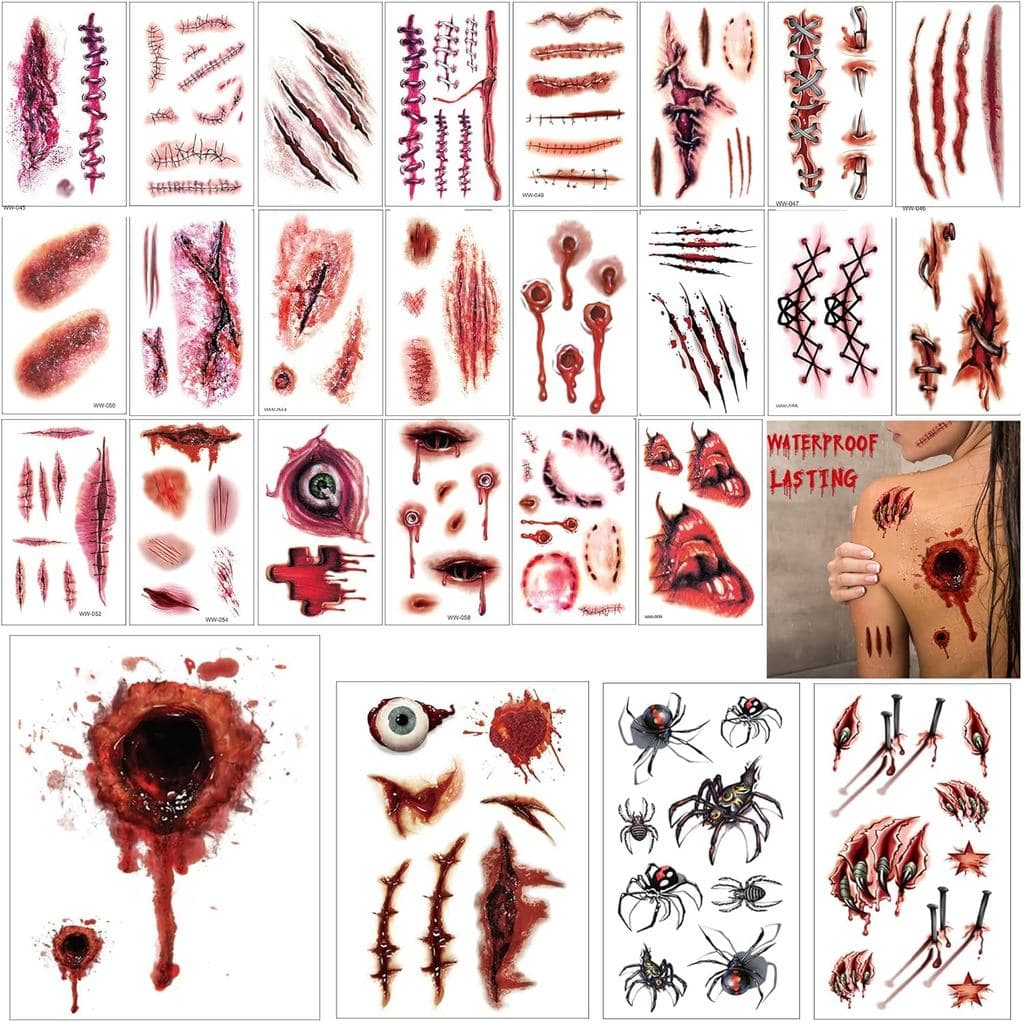 26 Adesivos de Tatuagem Simulando Feridas de Halloween - À Prova d'Água