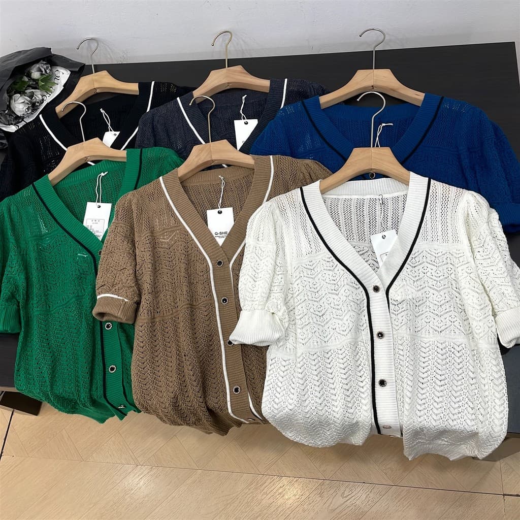 K malhas topo feminino 2025 outono novo estilo moda feminina Cardigan de manga curta topo D#7