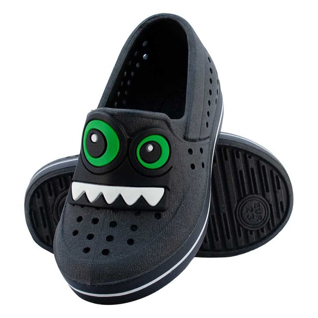 Tênis Infantil Menino Slipon Preto Monstrinho Calce Fácil Antiderrapante Flexível Respirável