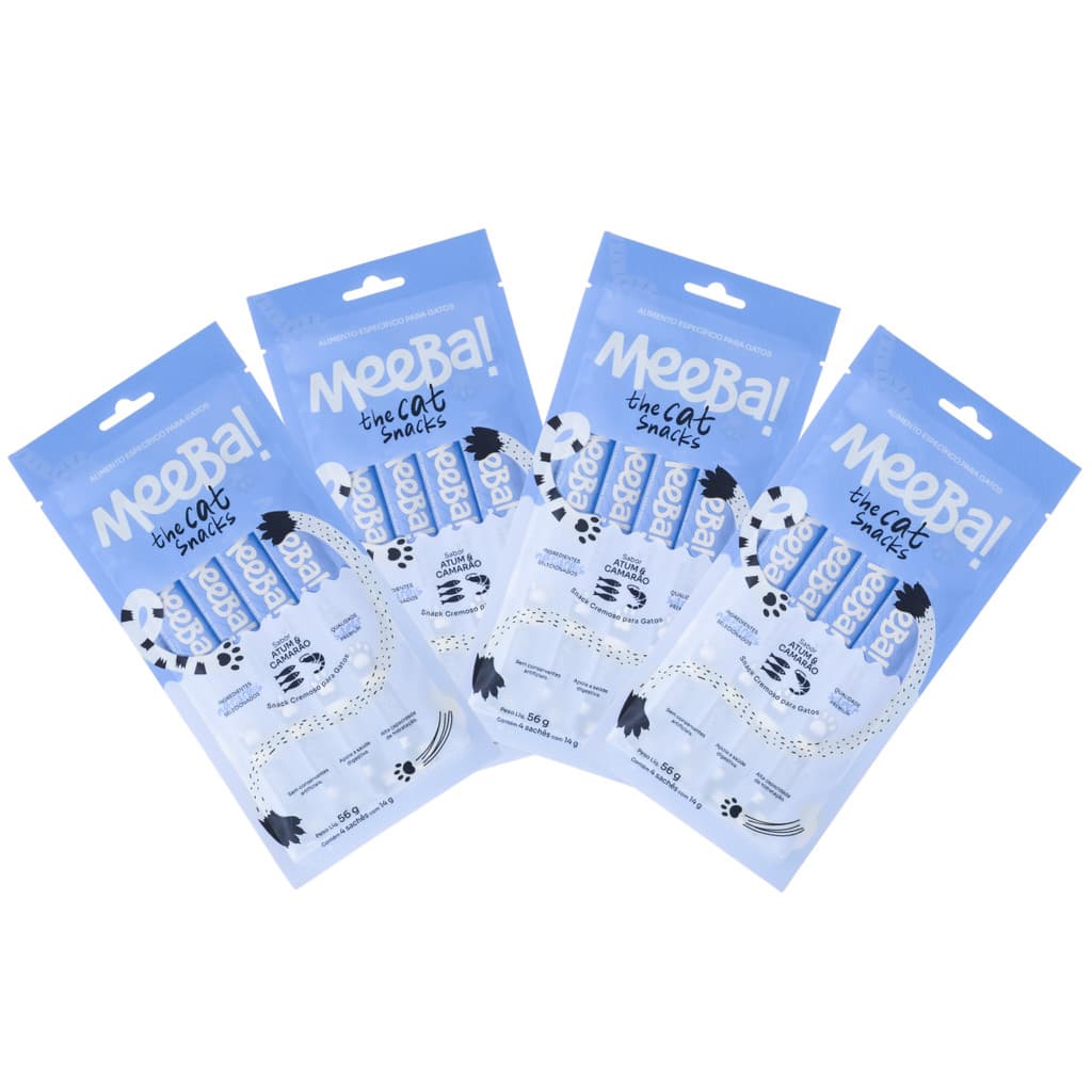 Kit 4 Snack Natural Úmido Com Foco Em Hidratação Para Gatos Atum E Camarão 16 Sachê 14g Meeba