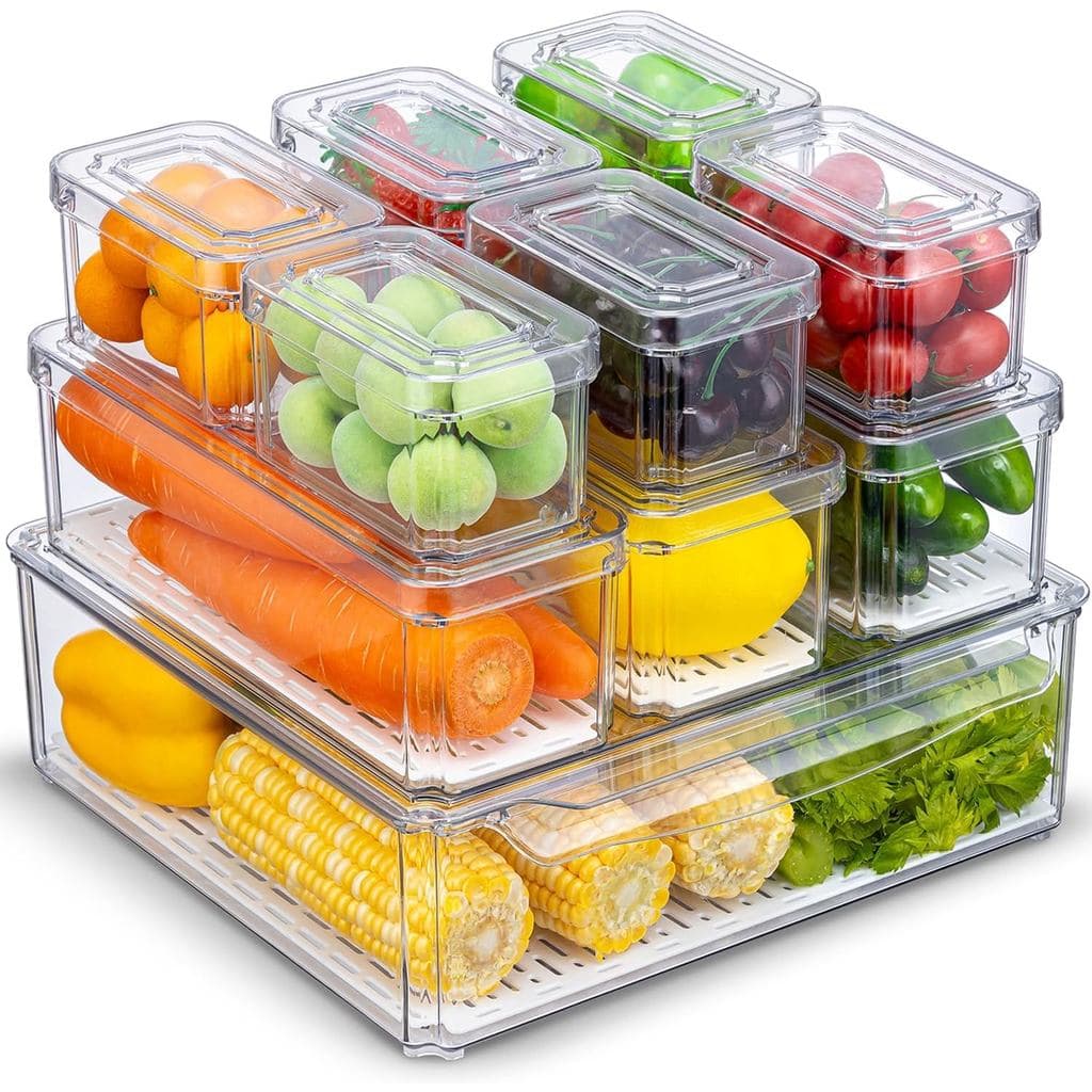 Conjunto de 10 peças de caixas de armazenamento transparentes para geladeira com tampas, recipientes empilháveis para ar