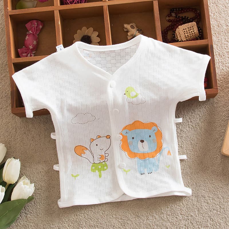 Verão bebê peito aberto meia manga topo 1-2 anos de idade bebê Pipa manga curta topo infantil respirável camiseta para f