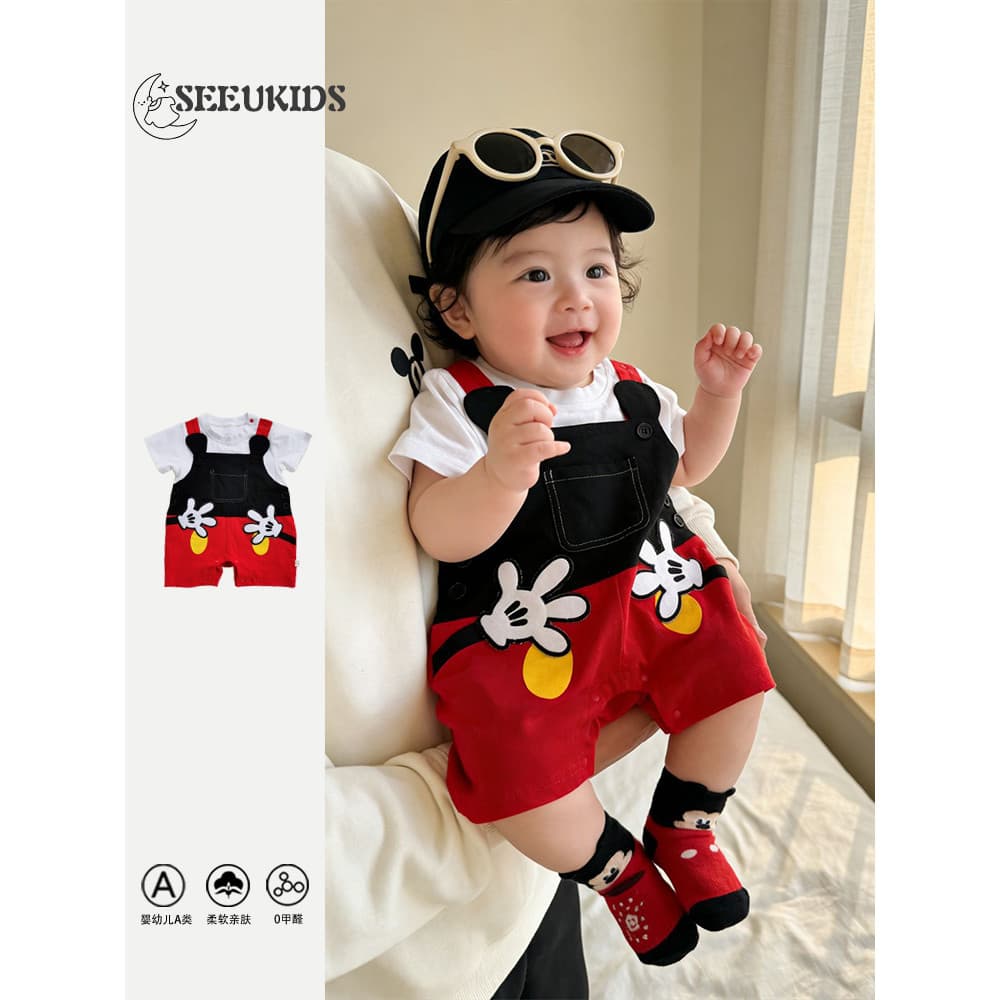 Verão bebê Shorts de manga curta respirável macacão Outing roupas bonito palma Mickey masculino feminino bebê macacão