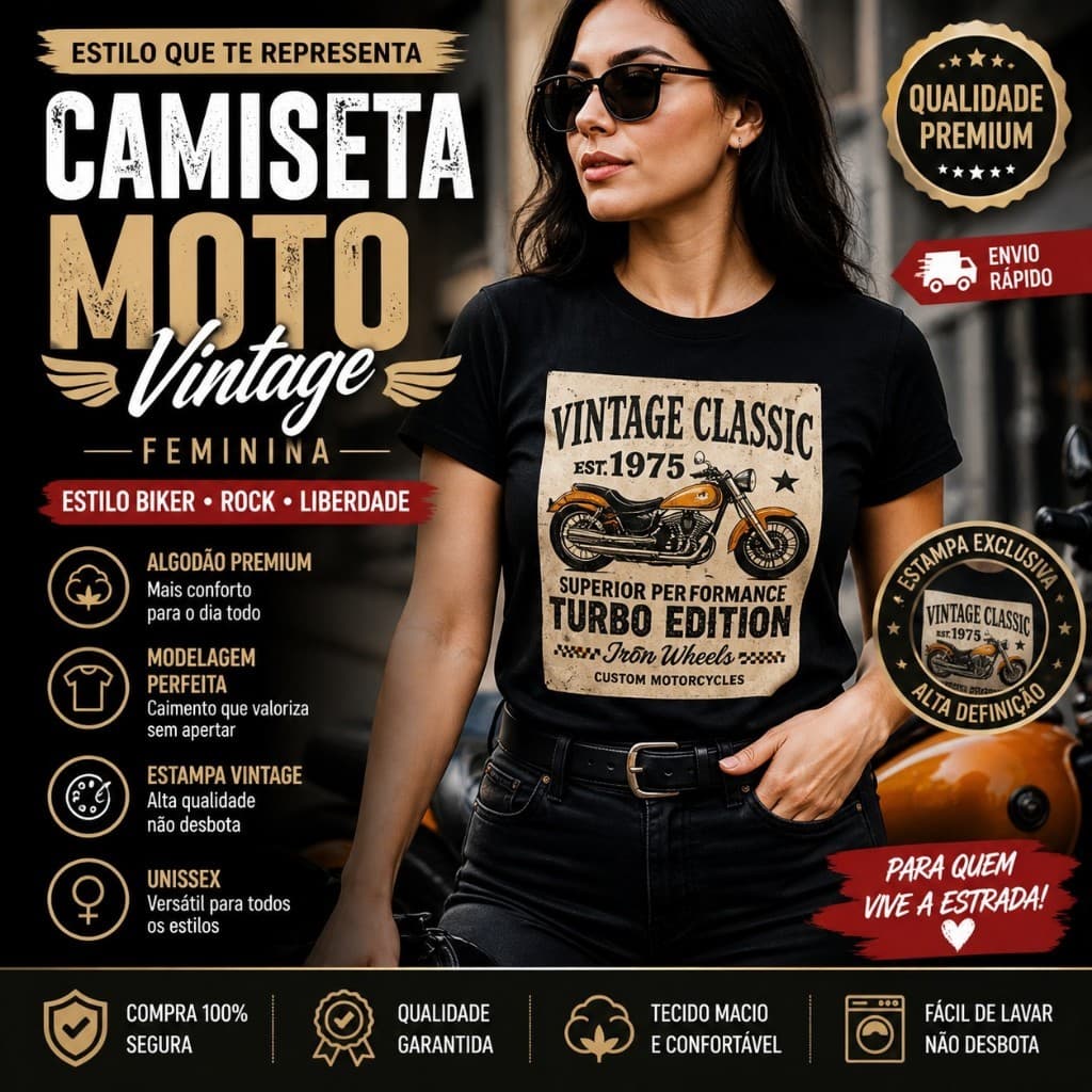 Camiseta Moto Vintage Feminina Estilo Biker Rock Algodão Premium