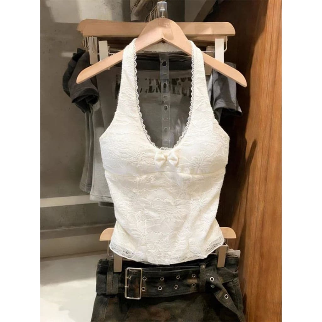 Doce legal estilo menina quente com almofada no peito com decote em V Halterneck verão pequena camisola feminina interio