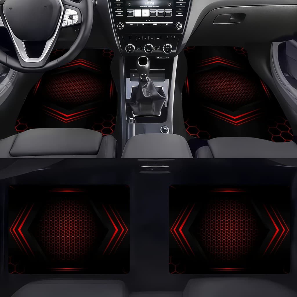Conjunto de 4 peças de tapetes para pés de carro, Design Hexagonal preto vermelho sentido futuro, Material ecologicament