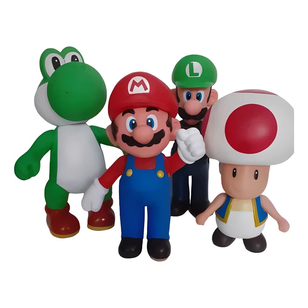 Kit 4 Bonecos Super Mario Bros | Mario, Luigi, Yoshi e Cogumelo