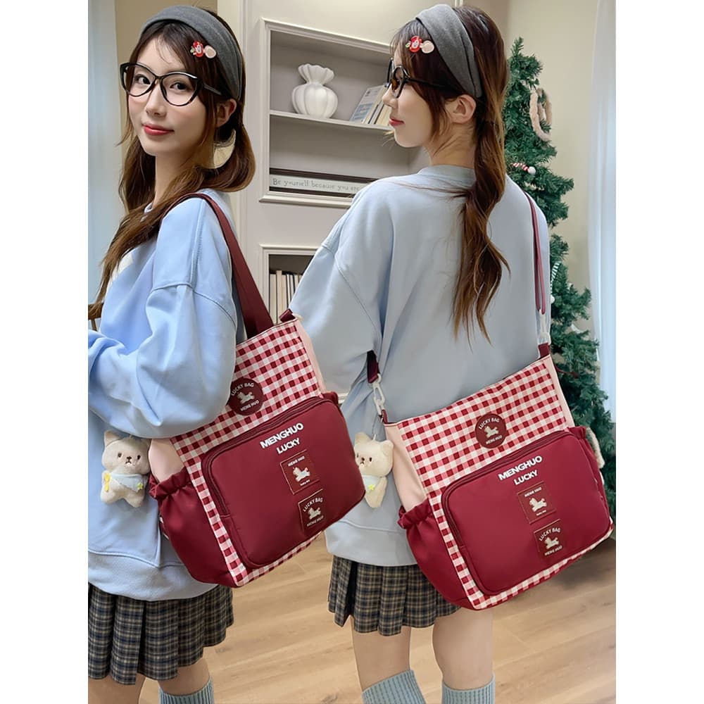 2026 ano do cavalo novo estilo contraste cor verificado sacola feminina estudantes da escola primária portátil saco de l