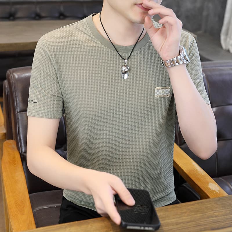 Camiseta masculina de manga curta de seda gelo de alta qualidade 2025 verão novo estilo Casual meia manga cor sólida sec