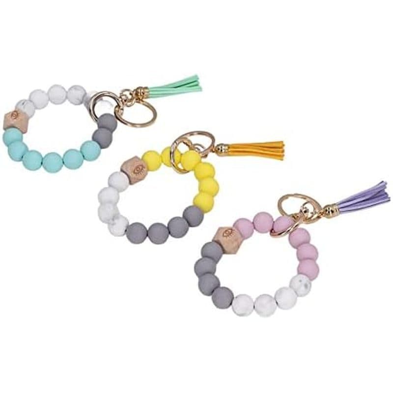 Pulseira De Chaveiro Haofy Com Contas De Silicone E Borlas De Couro PU Para Carteira De Bolsa De Chaves-De Metal Sólido