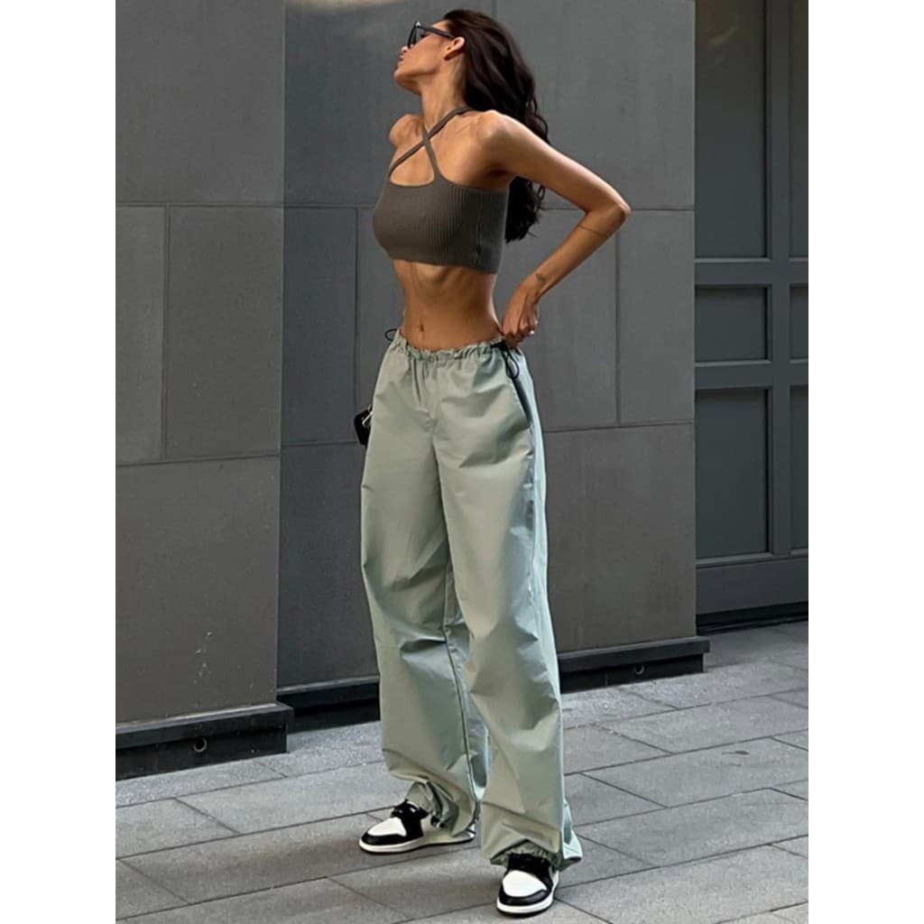Calças Cargo 2025 americano solto cintura baixa macacão moda simples calças com cordão perna larga calças casuais