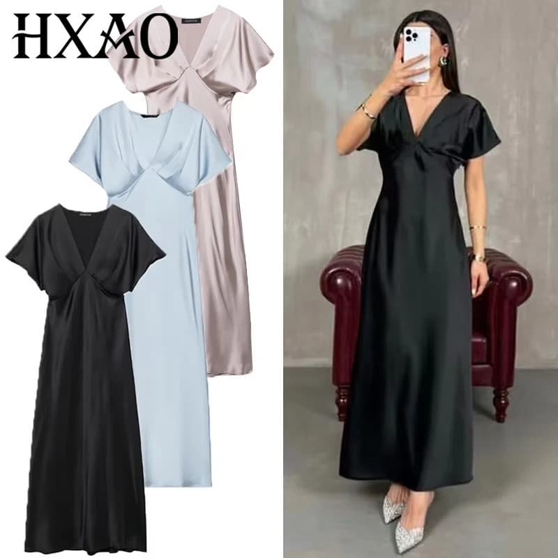 Vestido Midi de Cetim HXAO para Mulheres, Vestido Azul Caqui de Verão 2025, Vestido de Festa com Decote em V e Mangas de