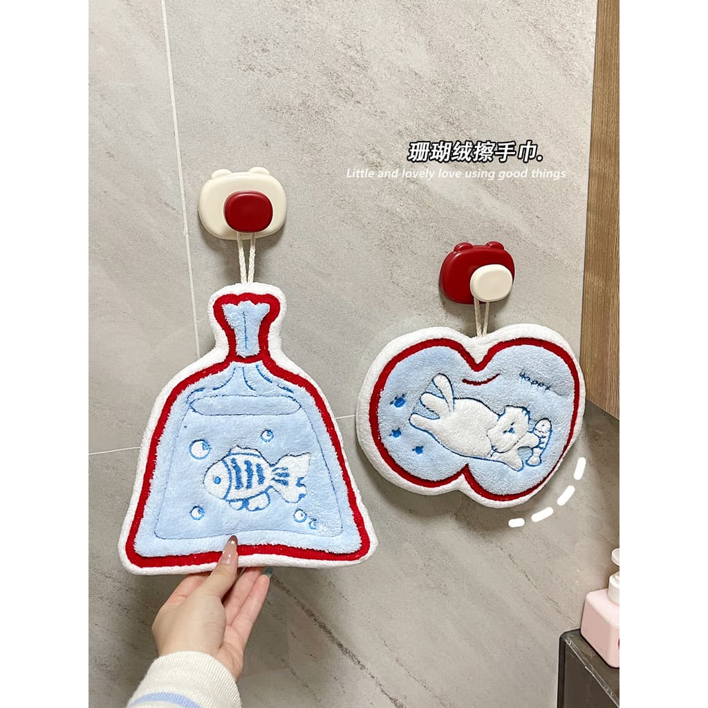 Gatinho e peixe toalha de mão pendurado toalha de mão cozinha banheiro absorver água engrossado desodorante toalha de mã
