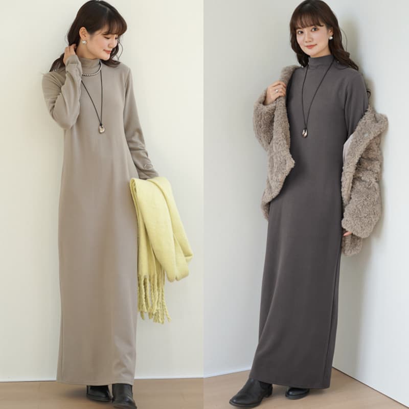Outono inverno gola alta vestido longo estilo japonês exterior usar forro de lã saia longa estilo preguiçoso manga longa