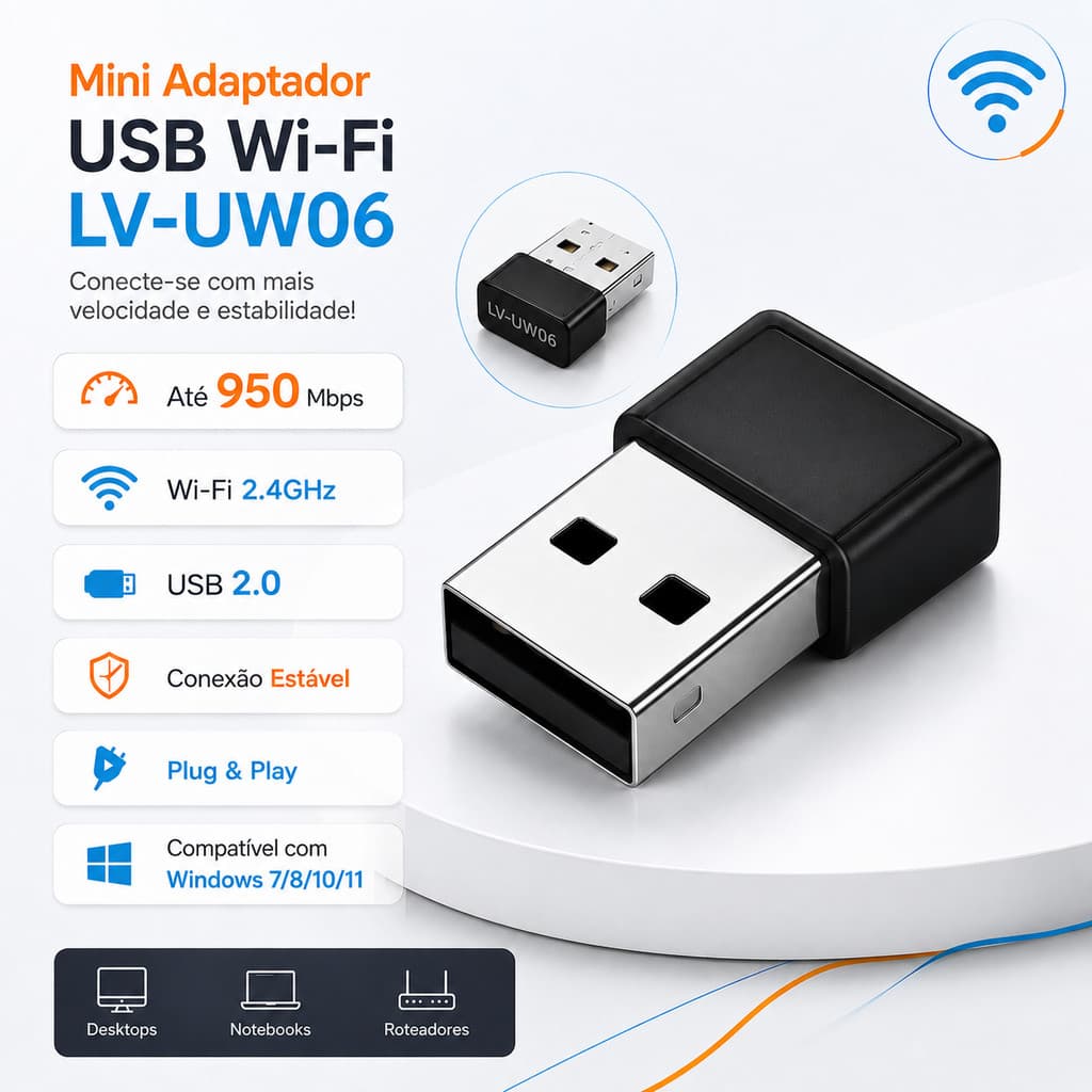 Adaptador WiFi USB 2.4GHz Compatível com Windows/Linux/MacOS 72Mbps