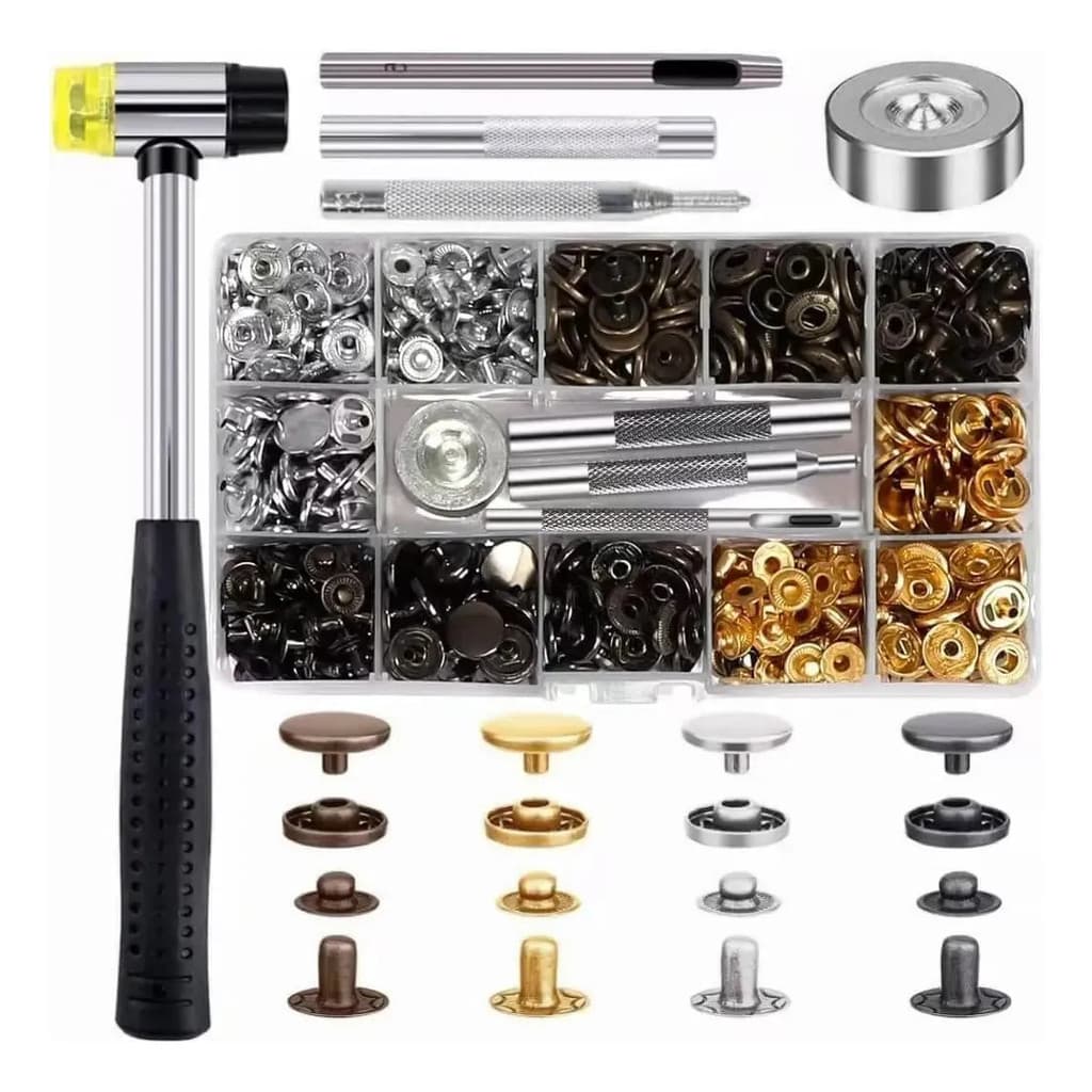 Kit 120 Botões Metal C/ Martelo E Aplicador Manual Duplo Estojo Completo