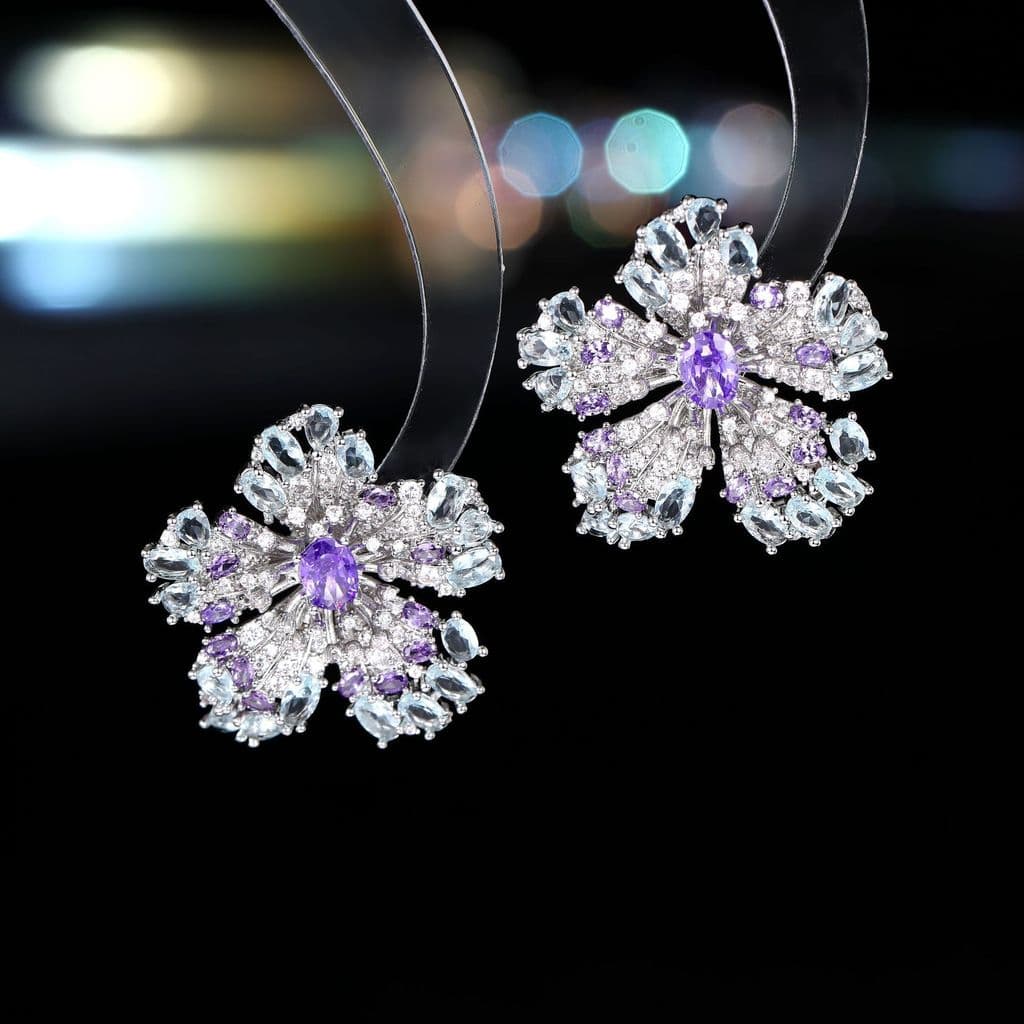 Luz transfronteiriça luxo tridimensional colorido flor brincos feminino s925 prata agulha incrustada zircão sentir nicho