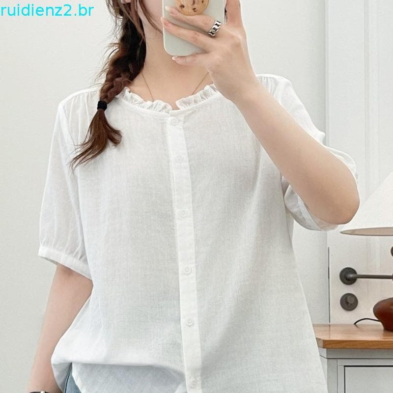 Mulheres De Alta Qualidade 100 % Algodão Fio Blusa Csa Cor Sólida Gola Macia 2026 Verão Nova Solta