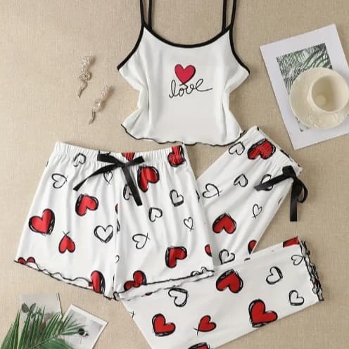 Pijamas femininos estampados, camisola, shorts, calças compridas, roupa de casa, conjunto de pijama de três peças MYKE