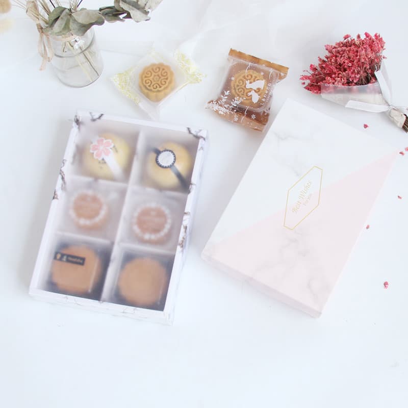 Caixa de bolo lunar com padrão de mármore rosa, gema de ovo, caixa de embalagem de pastelaria, caixa de papel Xue Mei Ni