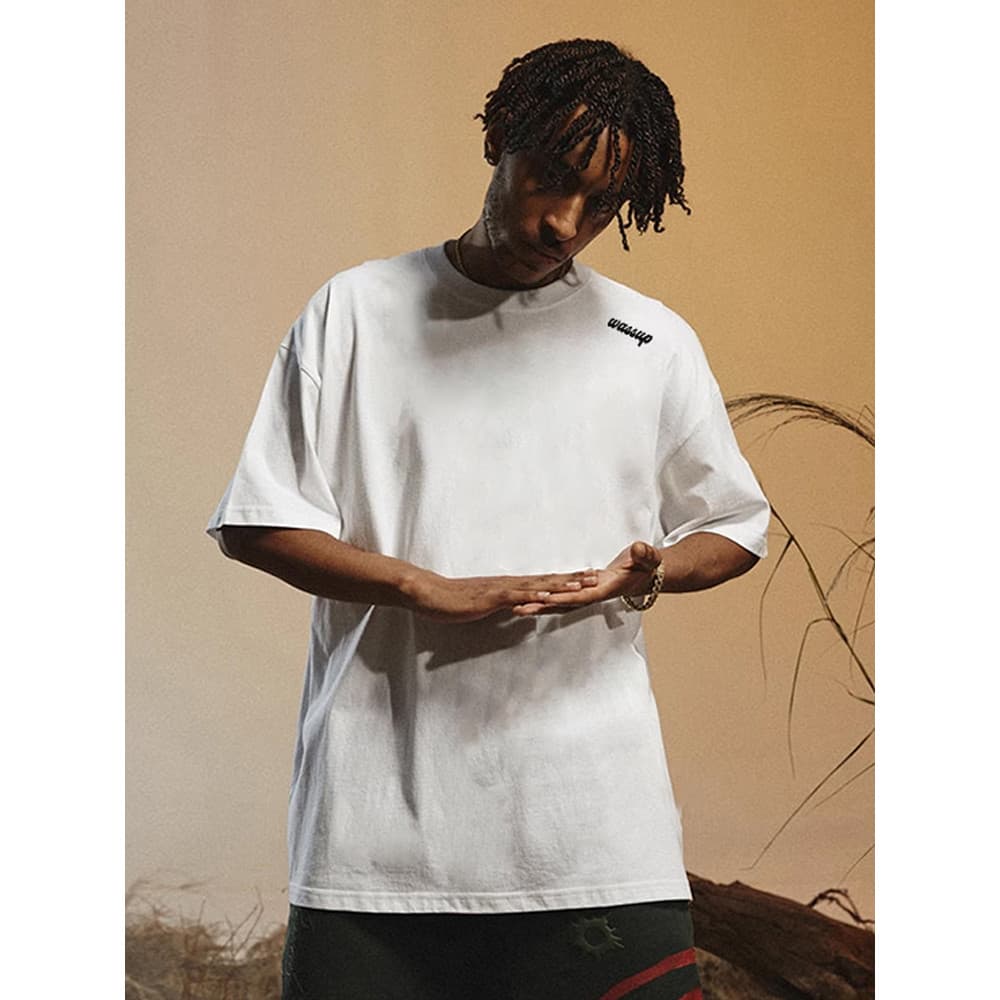 WASSUP Street Wear Americano Simples Carta camiseta de manga curta masculina verão solto Casual All-Match em torno do pe
