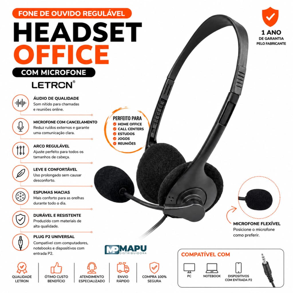 Fone De Ouvido Regulável Headset Office Preto Com Microfone LETRON
