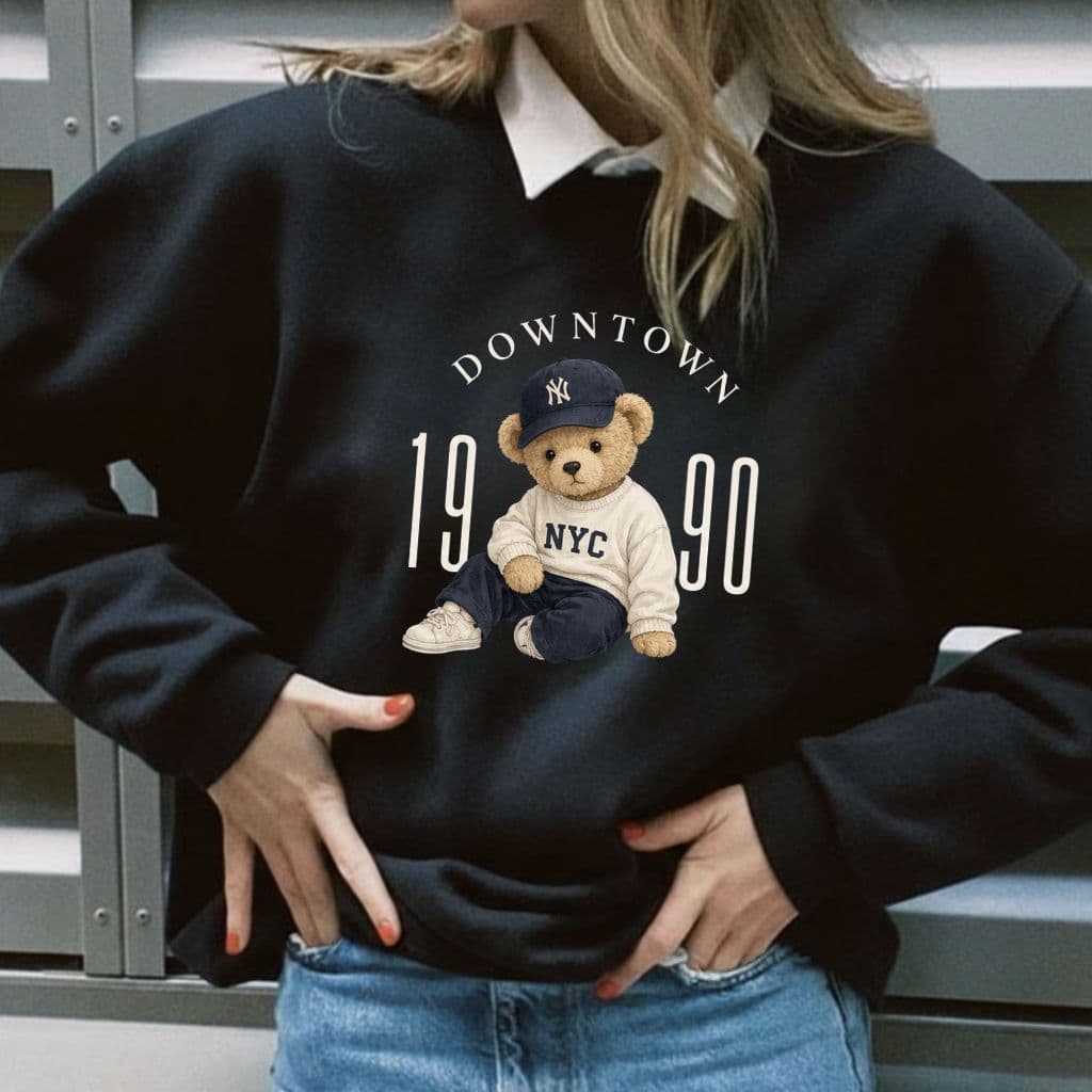 Blusa de Frio Moletom Algodão Feminino Gola Redonda Bear Blusão Tendência Moda Casaco Urso Blogueira 1990