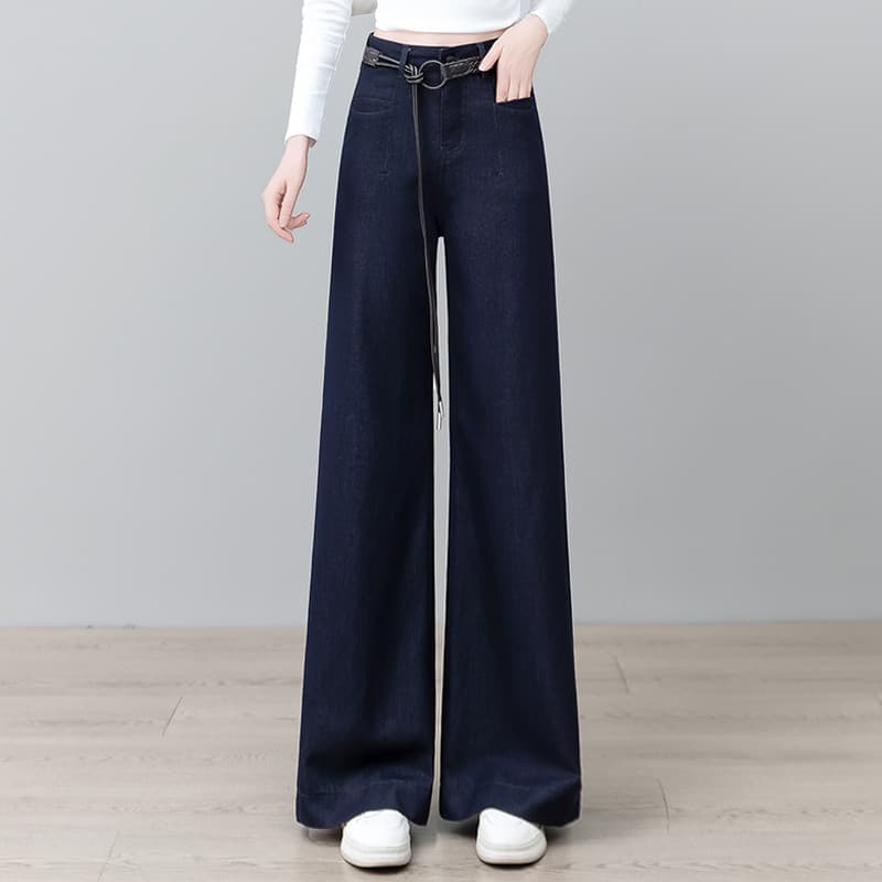 Azul marinho calças de brim de perna larga feminina primavera outono 2026 novo estilo moda cintura alta solta Drape gran