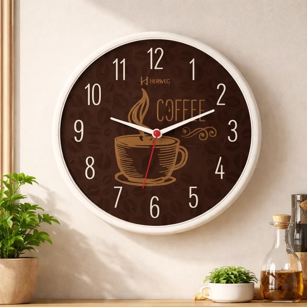 Relógio De Parede Herweg 26cm Coffee Decoração Café 660014 Branco