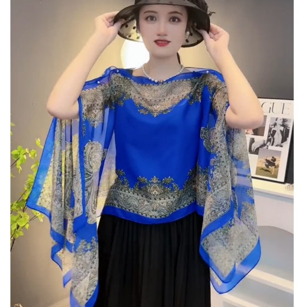Senhoras xale primavera verão solto Chiffon colete frisado pérola fivela protetor solar estilo fino impresso grande xale